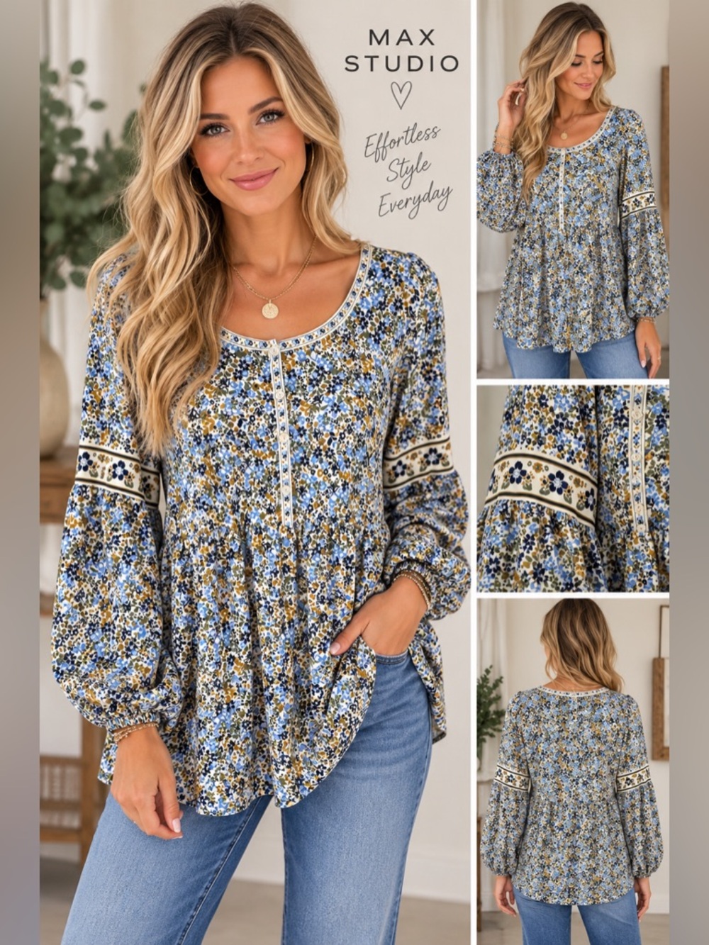 Max Studio Floral Peasant Blouse XL Blue Mustard Bell Sleeve Boho Cottagecore